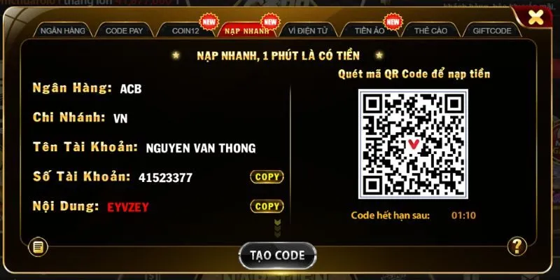 Nạp Tiền Qua Chuyển Khoản Ngân Hàng